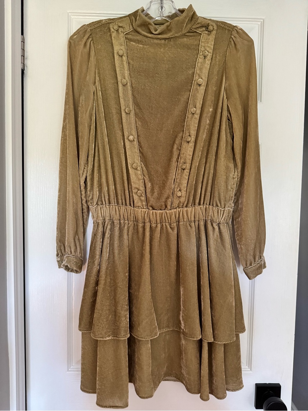 Scotch & Soda Velvet Tiered Long-Sleeve Mini Dress in Olive XS-S